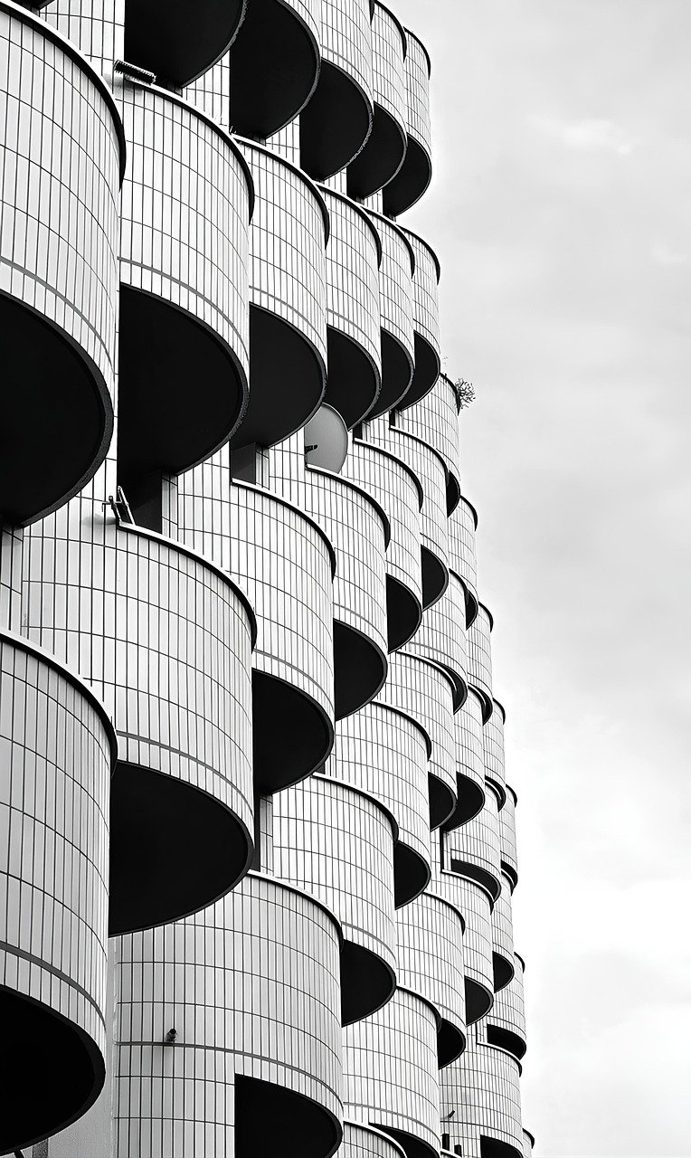 modern, architecture, facade, balconies, urban, building, black and white